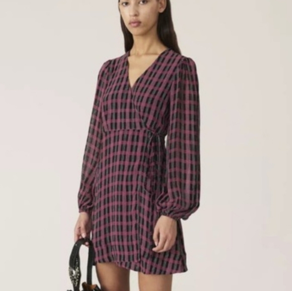 Ganni Georgette Check Long sleeve crepe wrap dress SZ 40 - Picture 1 of 16